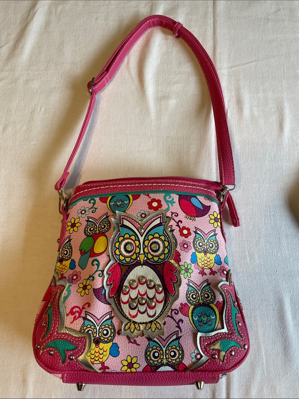 Pink Owl Appliqué Shoulder Bag